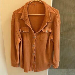 Women's Waffle Knit Button-Up Shirt - Orange